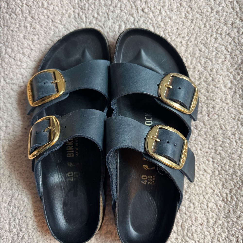 Birkenstock Navy Sandals with Gold Buckles